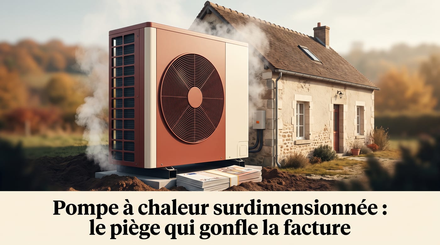 Illustration de couverture : pompe à chaleur surdimensionnée et facture qui grimpe