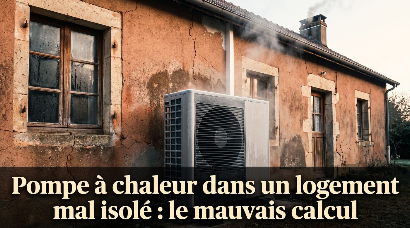 Illustration éditoriale : pompe à chaleur dans un logement mal isolé